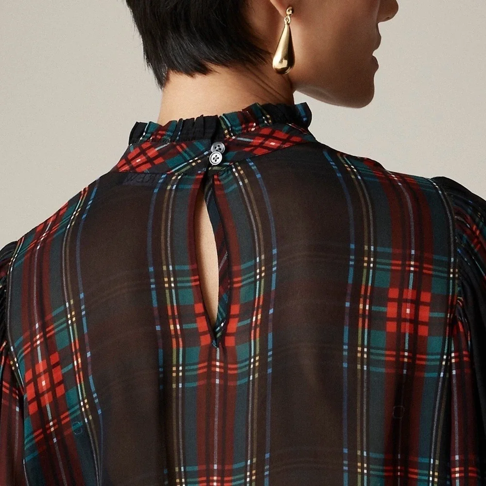 NWT! J. CREW Ruffleneck Top Stewart Tartan Plaid Chiffon Festive Preppy XX-Small